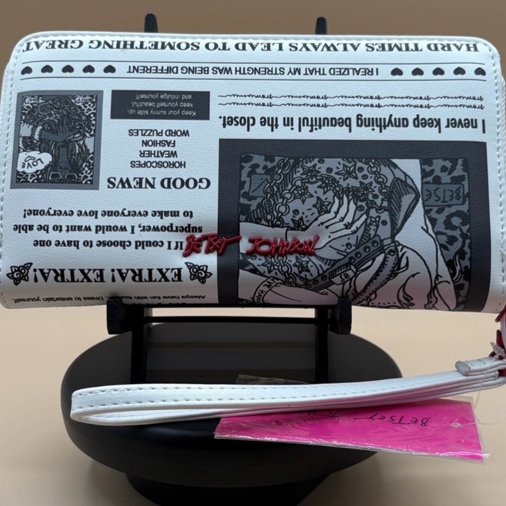 Betsey Johnson White Black Newspaper Print Wristlet with Pink Accent